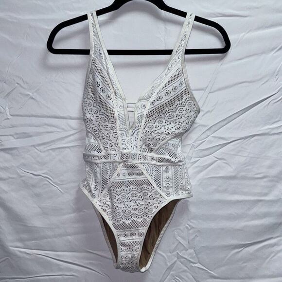 Becca White V-Neck Lace One Piece Bathing Suit | Sz S - Picture 2 of 6